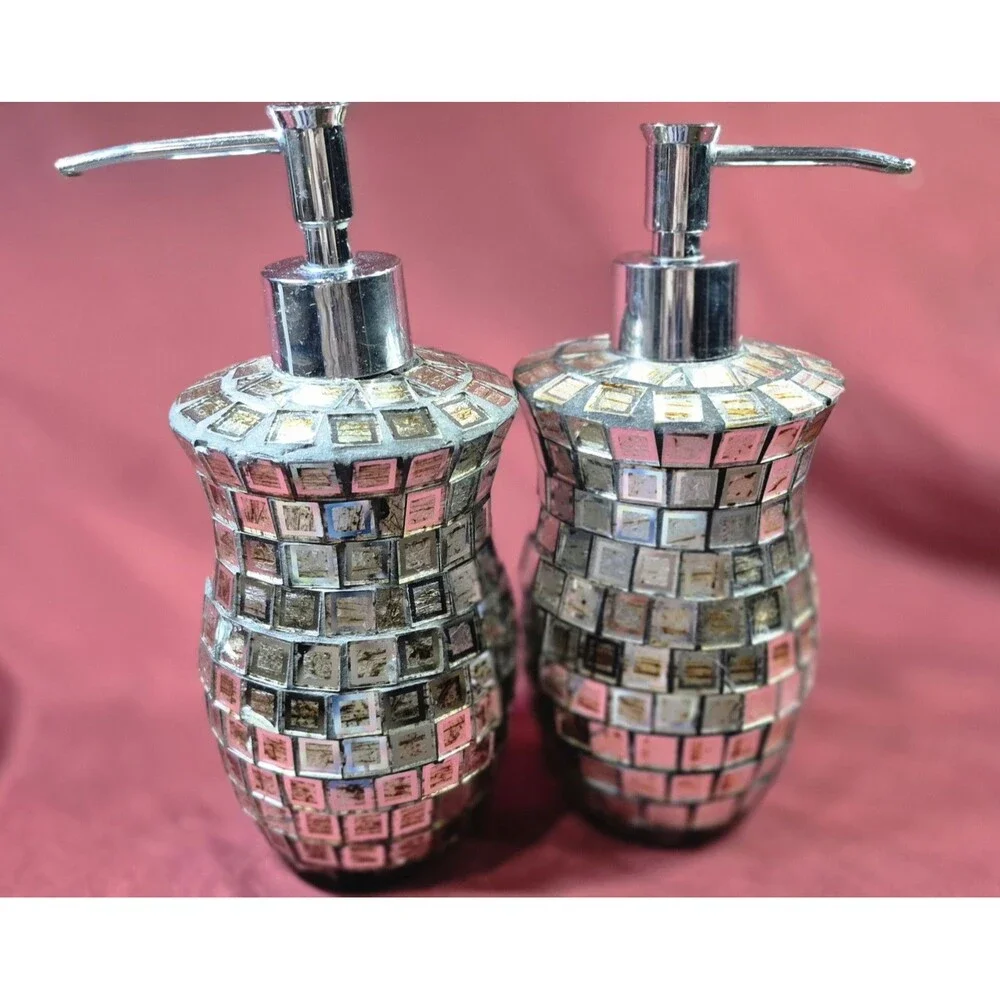 4-Pc Glass Mosaic Bathroom Accessory Set Brown Gold Silver Soap Dispenser Tray